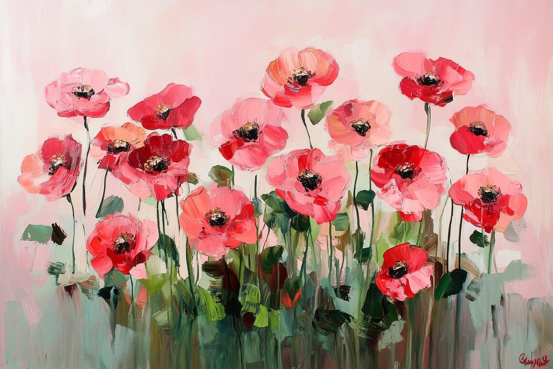 Pink and Red Poppies in Textured Impasto Floral Painting Poster