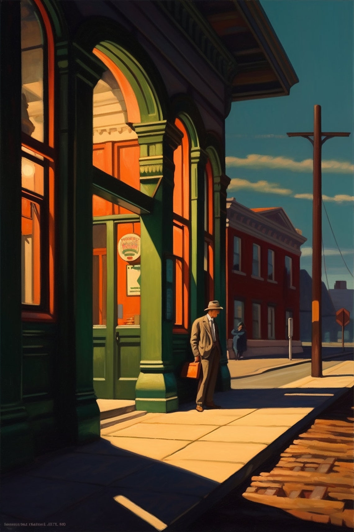 Man Waiting at Train Station at Night Hopper Style American Art Poster