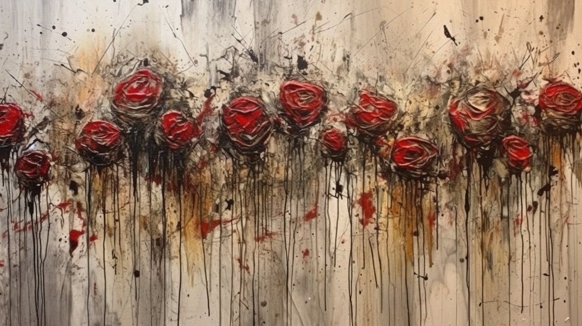 Distressed Velvet Red Roses Row Dark Moody Abstract Floral Poster