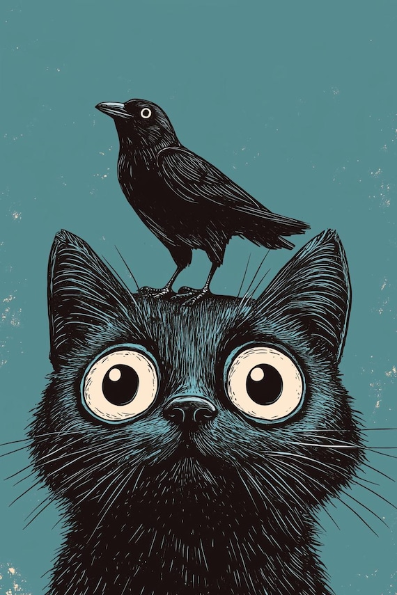 Funny Black Cat With Wide Eyes and Crow on Head Cartoon Art Poster