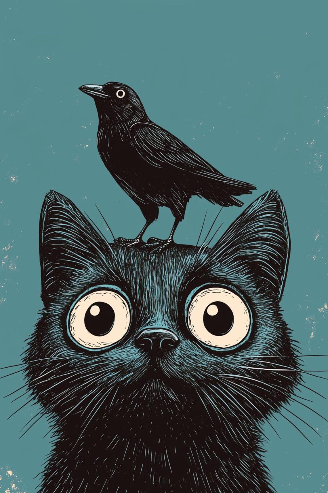 Funny Black Cat With Wide Eyes and Crow on Head Cartoon Art Poster
