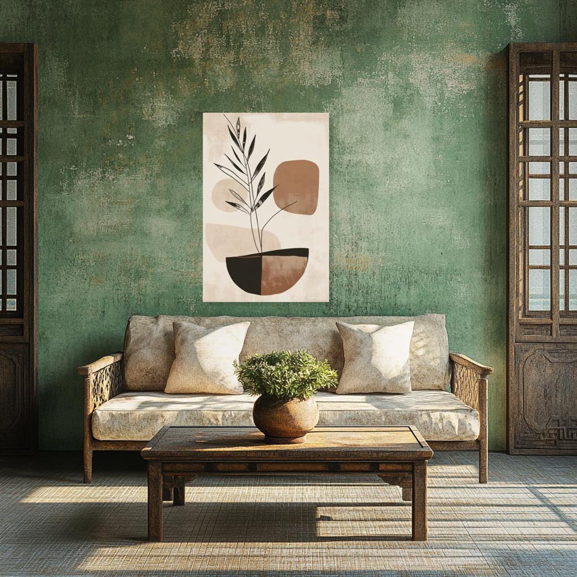 Abstract Botanical Line Art Painting with Earthy Beige Shapes Poster - Image 3