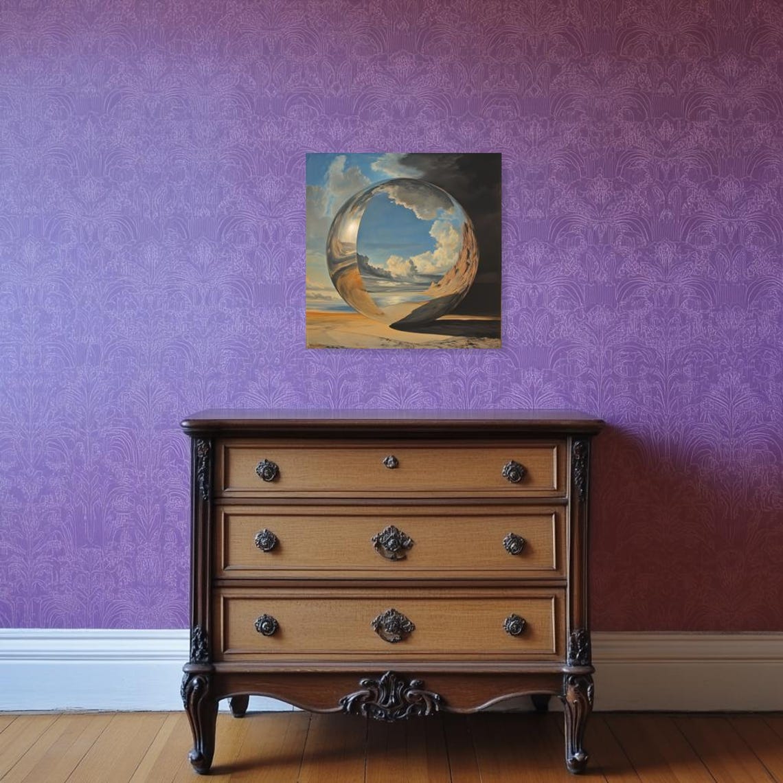 Surreal Giant Sphere Reflecting the Sky over Desert Beach Poster - Image 3