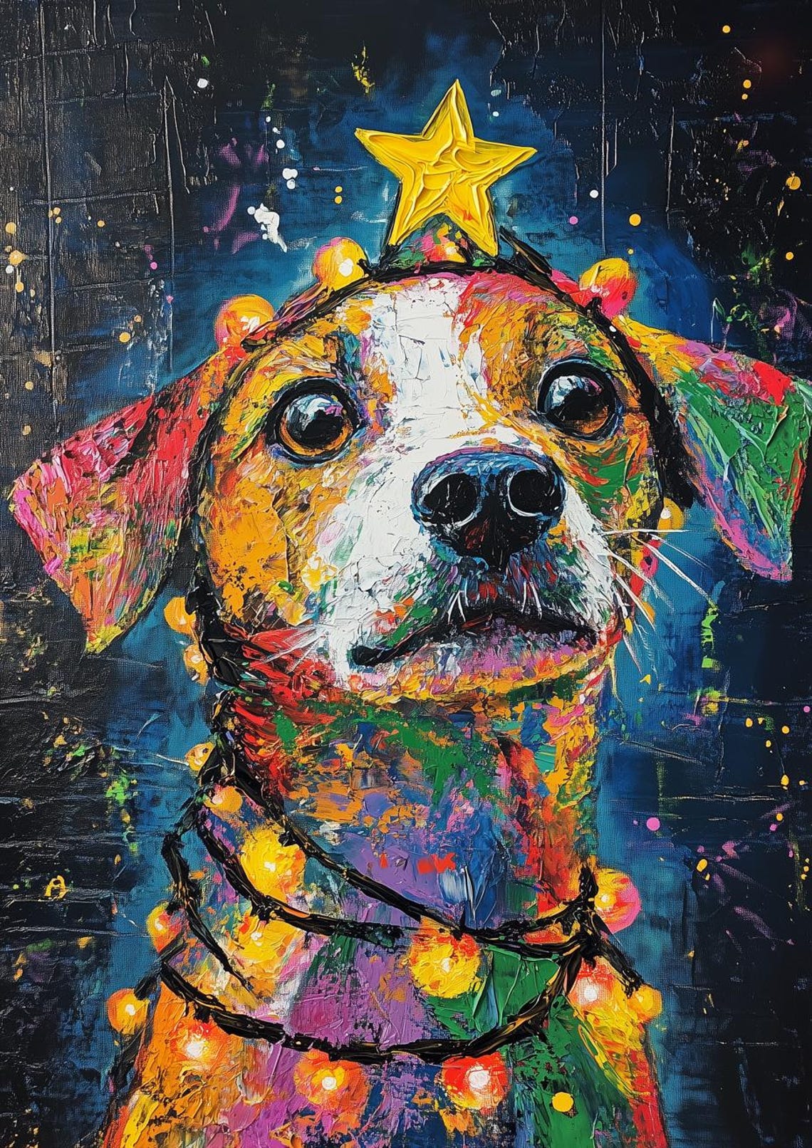 Vibrant Rainbow Dog with Christmas Lights and a Golden Star Poster