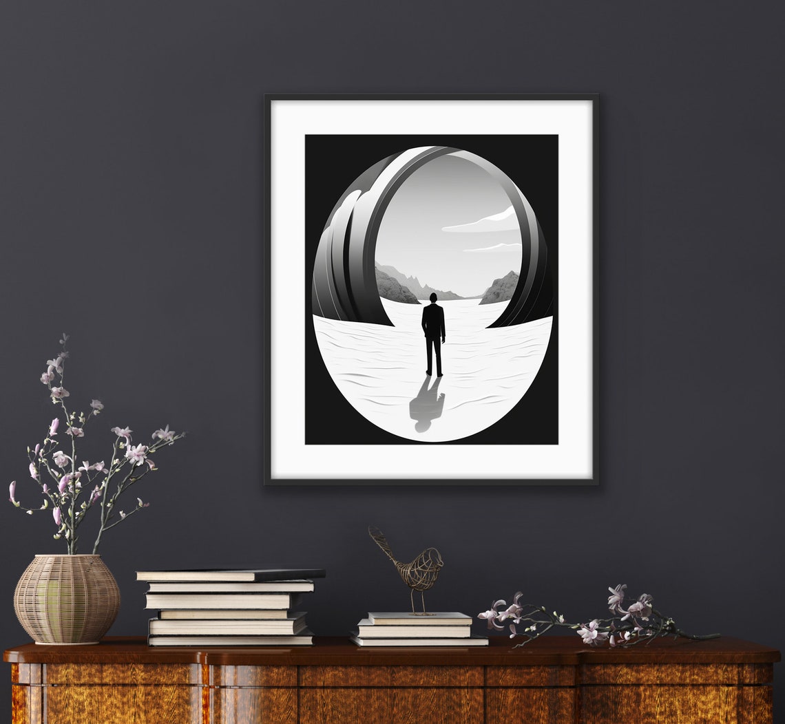 Man in Circular Passage with Mountains Minimal Monochrome Art Poster - Image 2