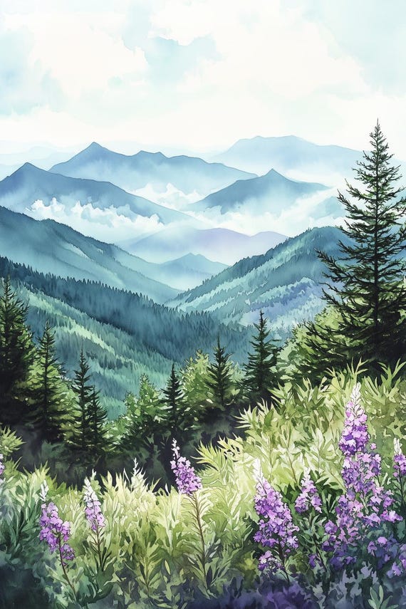 Mountain Landscape Print In Watercolor Style Inspired By Traditional Artists Nature Wall Art For Home Decor