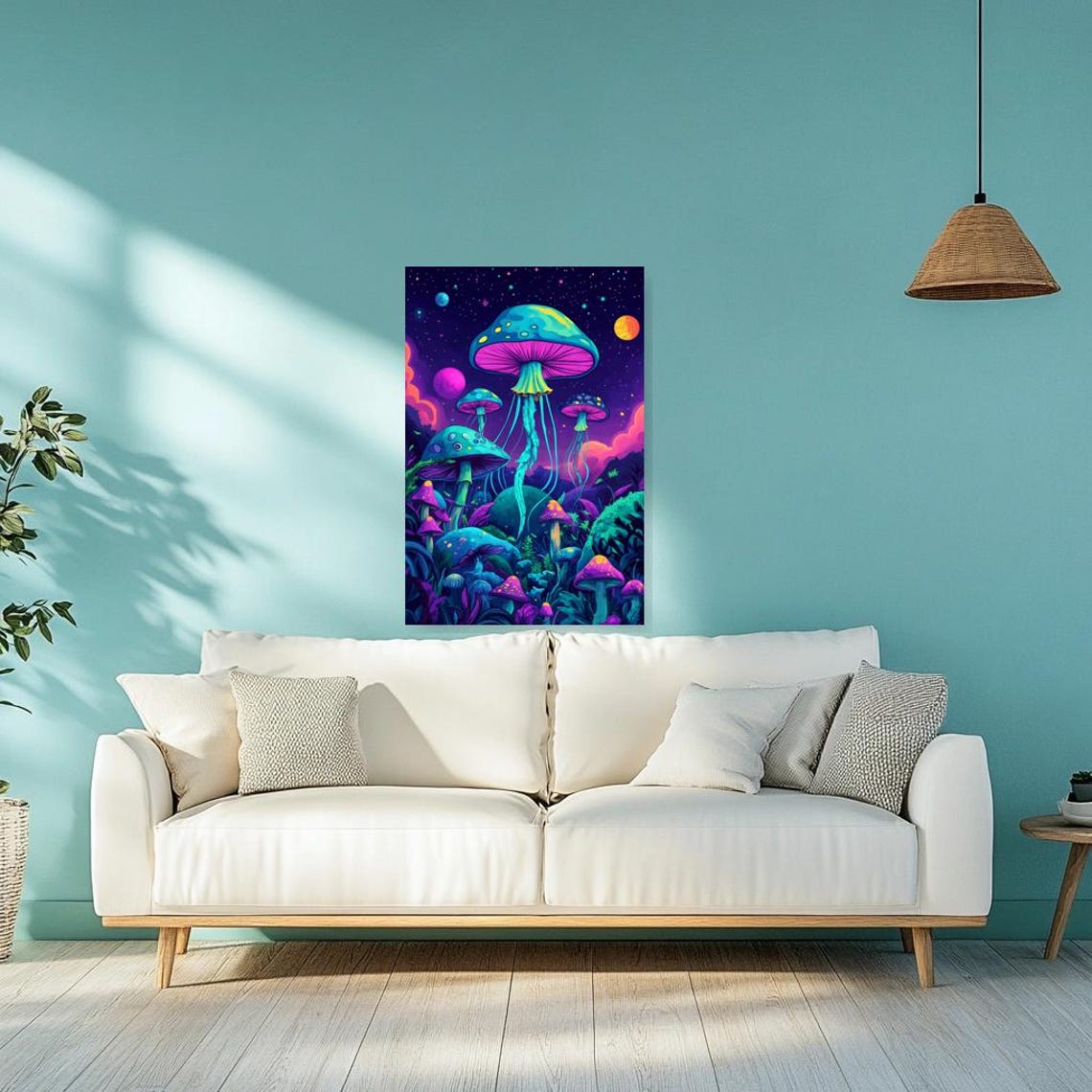 Neon Psychedelic Mushroom Forest Under Starry Night Sky Poster - Image 3
