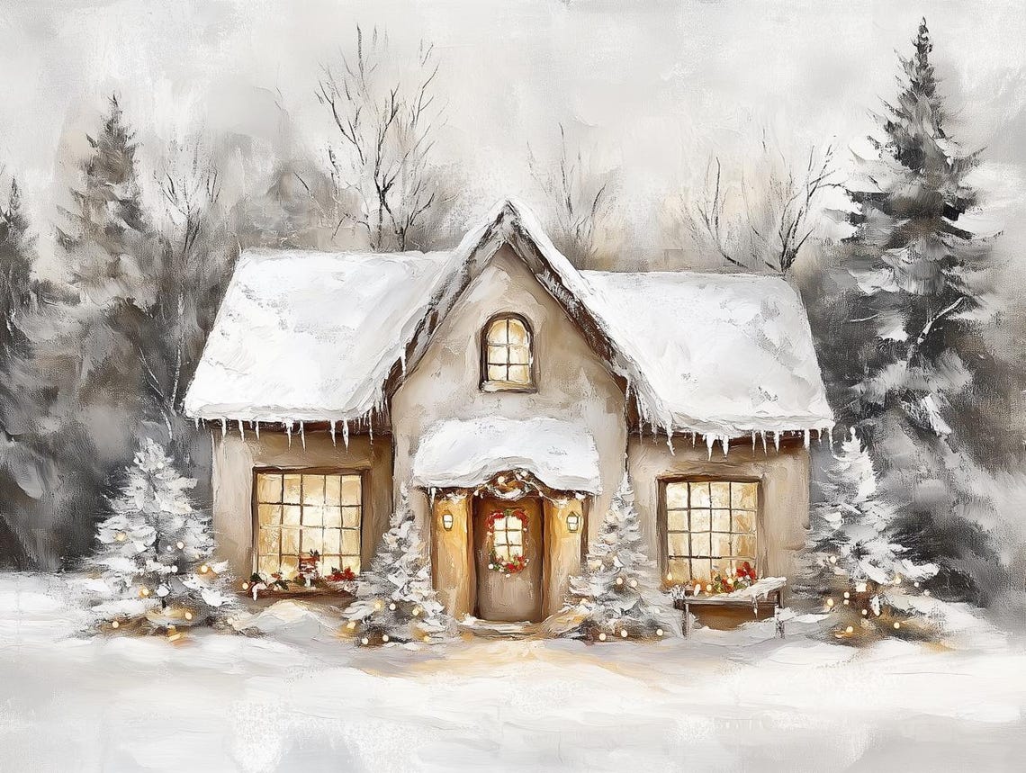 Cozy Snow-Covered Cottage Glowing With Christmas Lights Poster