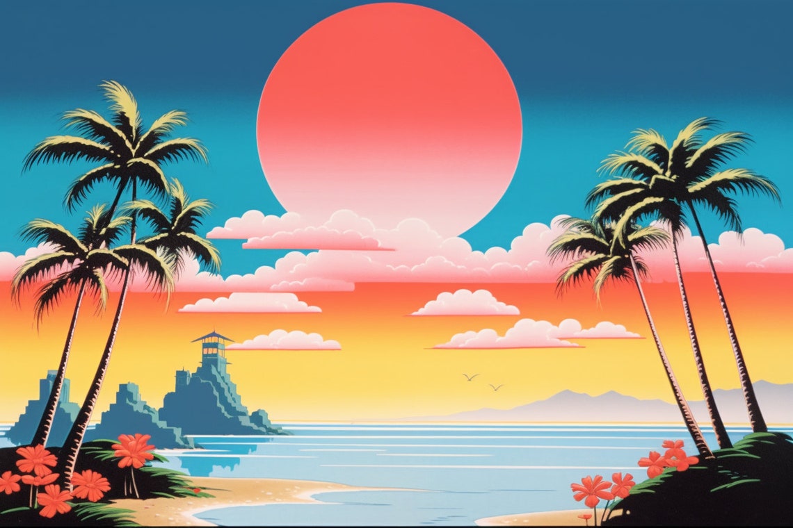 Hiroshi Nagai Style Sunrise Symmetry Art Vibrant Custom Wall Decor In Primary Colors