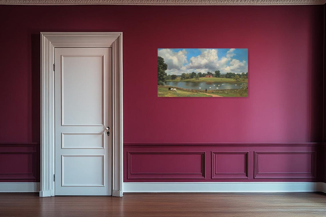 English Countryside Lake with Swans Cows and Manor House Poster - Image 2