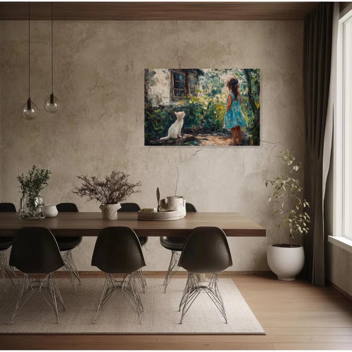 Young Girl in a Blue Dress With Her White Cat in a Garden Poster - Image 3