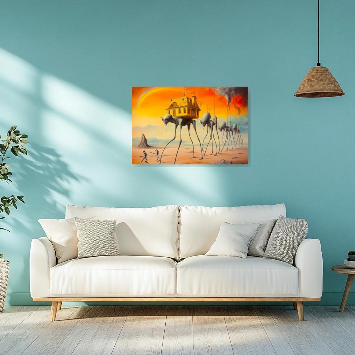 Surreal Stilt Creatures Carrying a Golden House at Sunset Poster - Image 3
