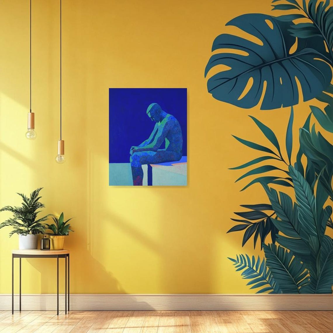 Contemplative Blue Figure Seated Quiet Modern Painting Art Poster - Image 3