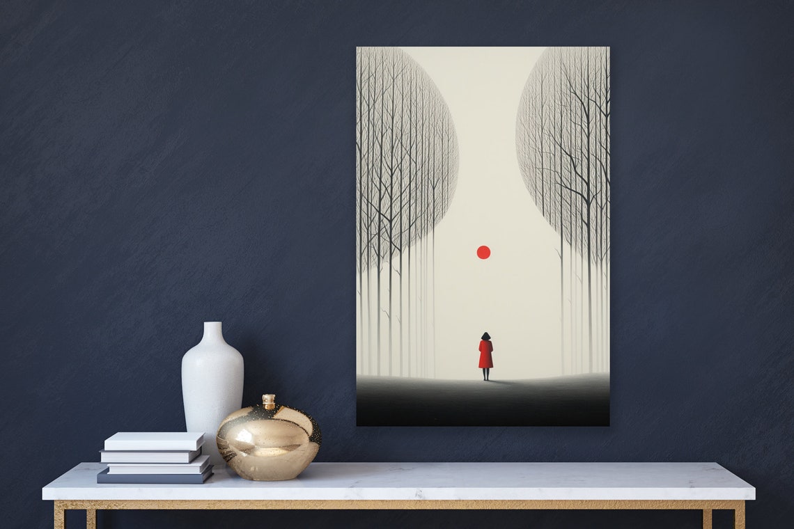 Red Coat Figure Among Bare Trees Under Red Sun Minimalist Poster - Image 2
