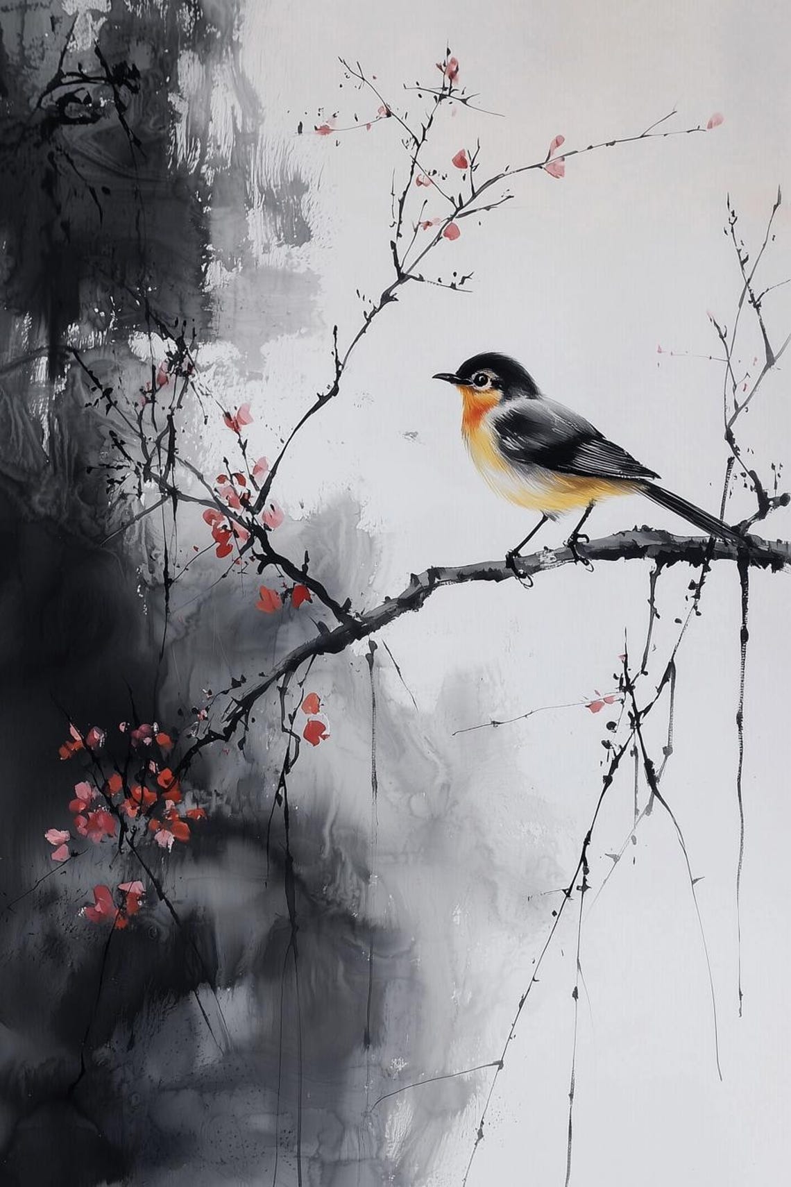 Japanese Ink Painting Bird On Flowering Blossom Branch Zen Poster
