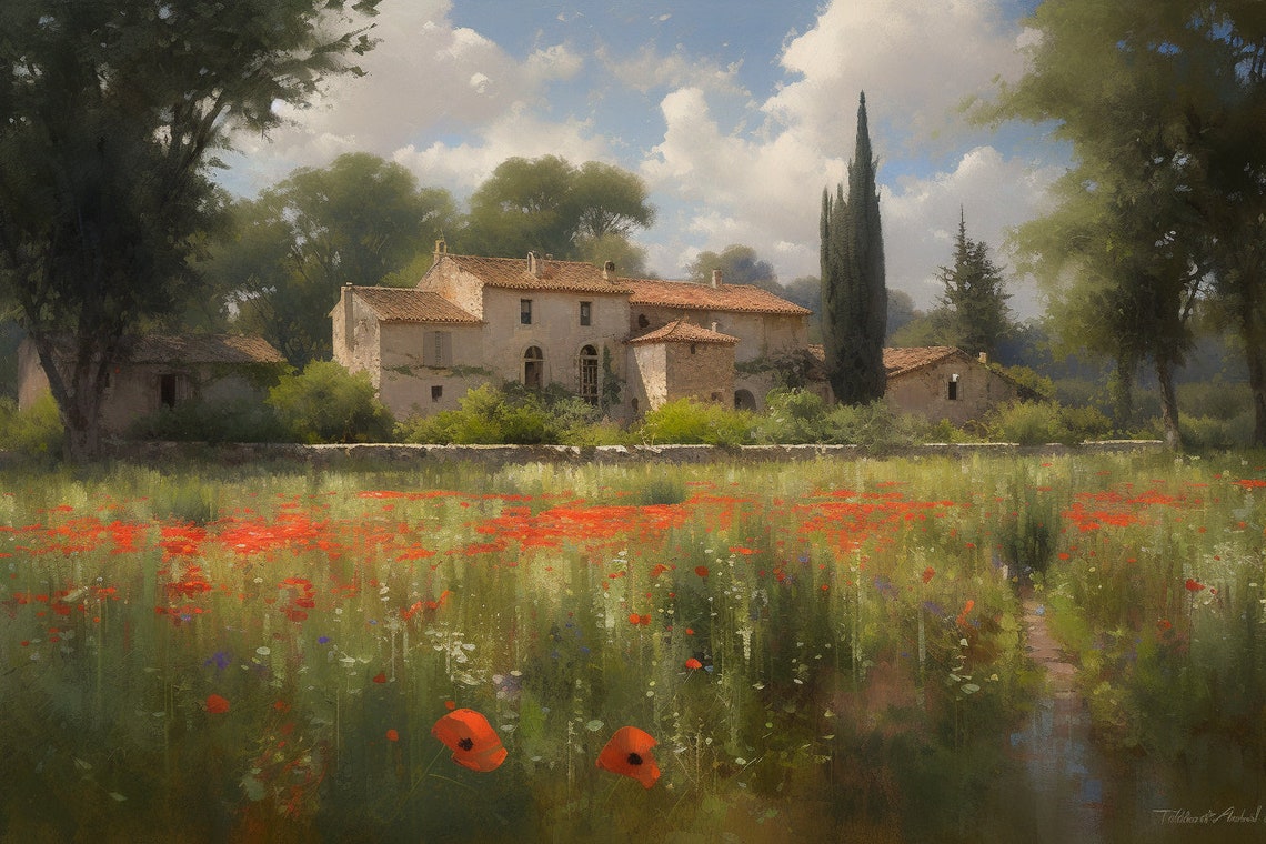 Sunny Stone Villa Cypress Trees Red Poppy Field Scene Poster
