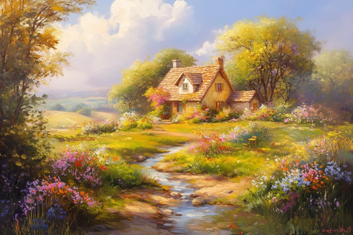 Charming Cottage Garden Flower Stream Idyllic Countryside Poster