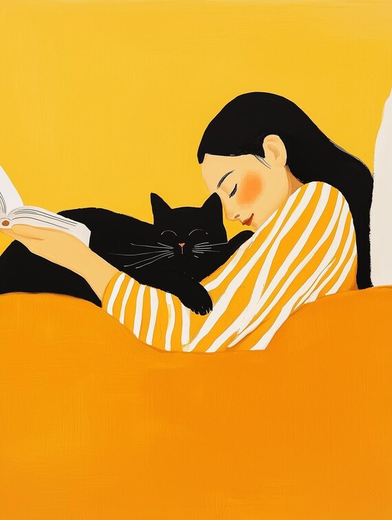 Cozy Woman Reading With Black Cat Golden Yellow Illustration Poster