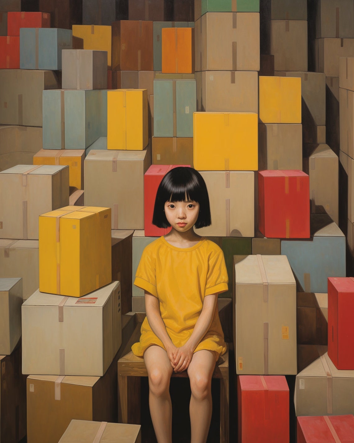 Young Girl in Yellow Dress Sitting Among Stacked Boxes Poster