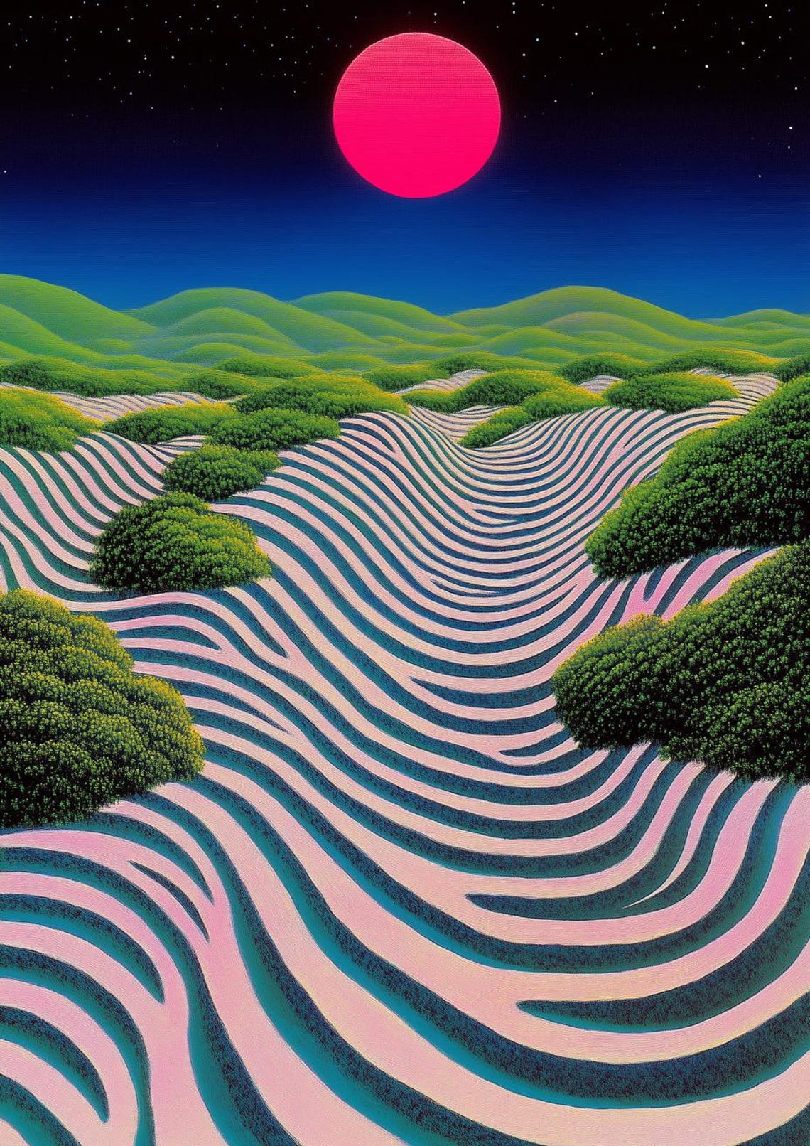 Huge Pink Moon over Surreal Striped Green Hills at Night Poster