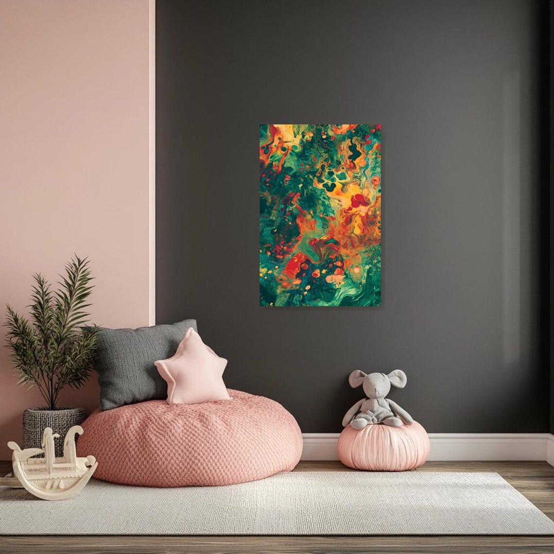 Bold Emerald Green Red Gold Marbled Abstract Fluid Art Poster - Image 2