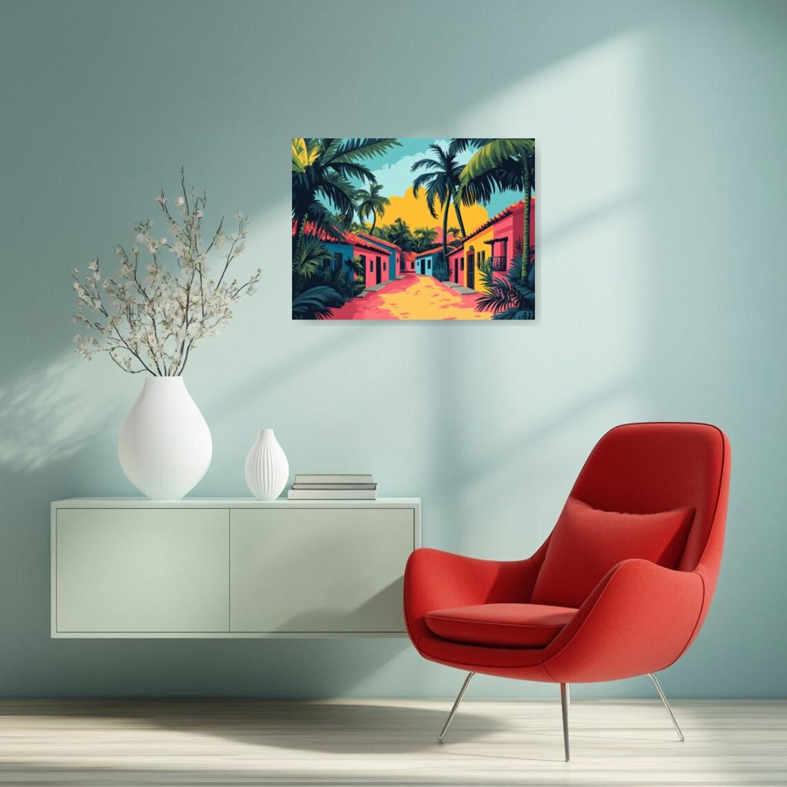 Vibrant Tropical Village Street Palms Colorful Sunset Home Art Poster - Image 3