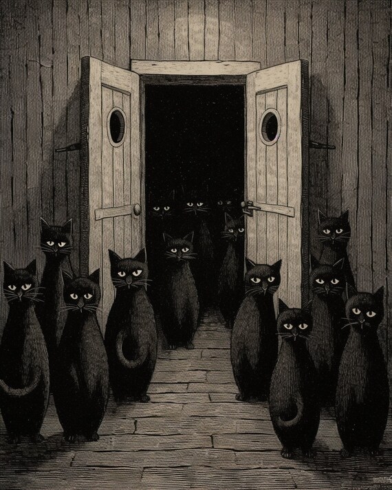 Quirky Ominous Cat Art Print For Cat Lovers