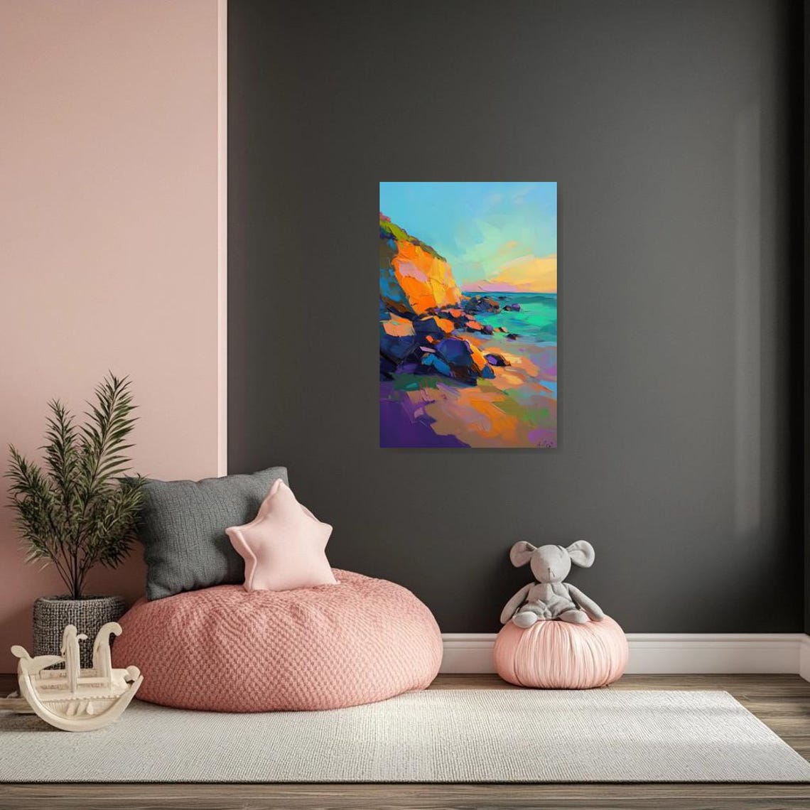 Warm Vibrant Coastal Cliff Sunset Impasto Oil Painting Poster - Image 2