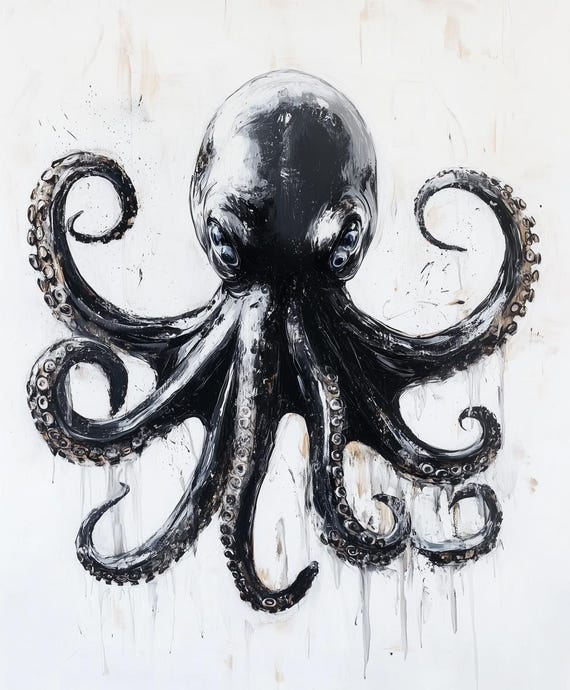 Custom Print Octopus Wall Art In Abstract Style Inspired By Hokusai For Unique Home Decor And