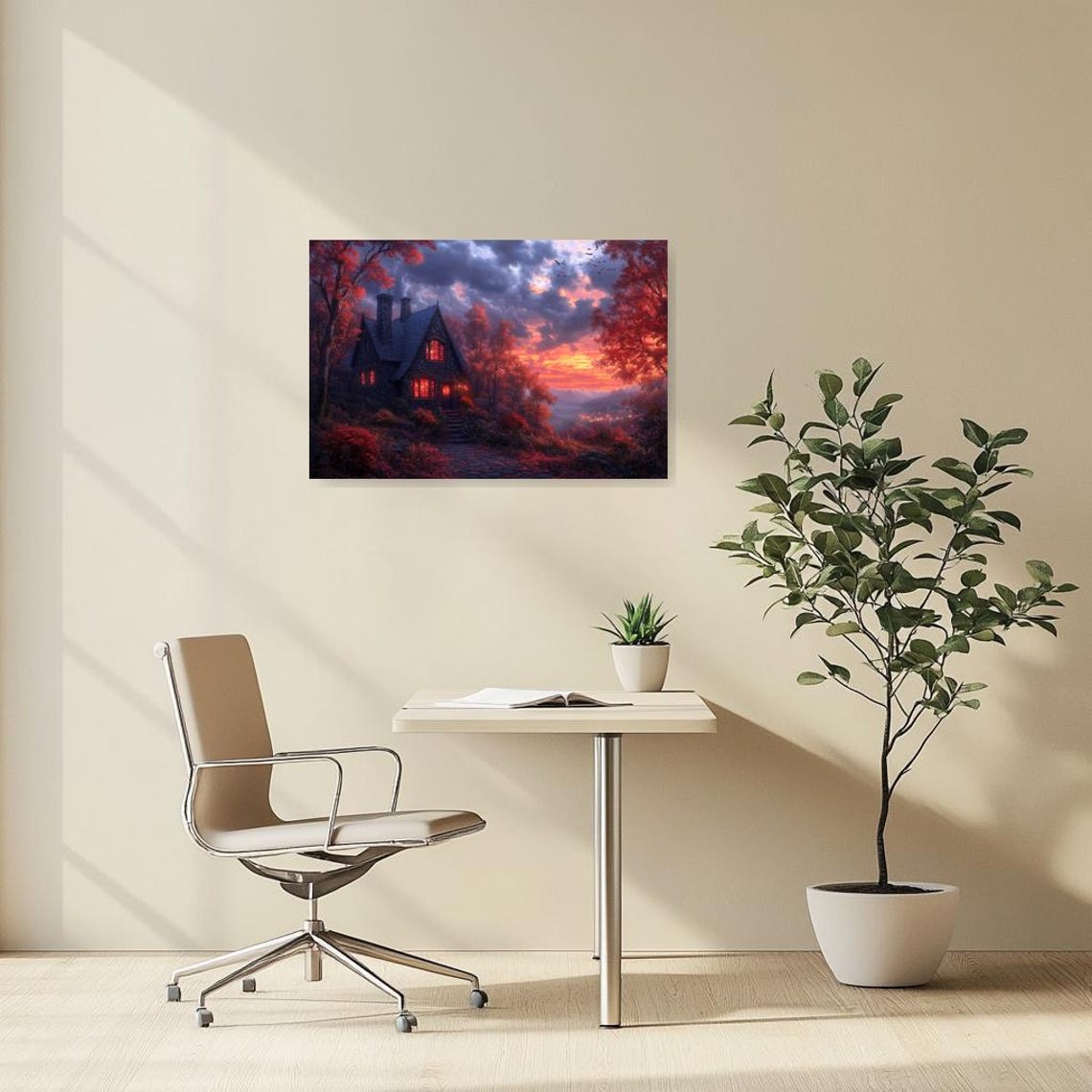 Charming Stone Cottage at Sunset Among Fiery Autumn Trees Poster - Image 3