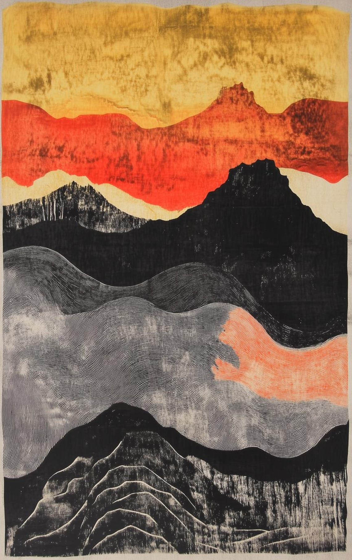 Dramatic Mountain Landscape Print Inspired By Abstract Expressionism In Bold Red Black And Gold Tones