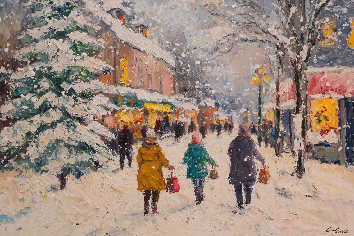 Snowy Christmas Shopping Street in Heavy Falling Snow Poster