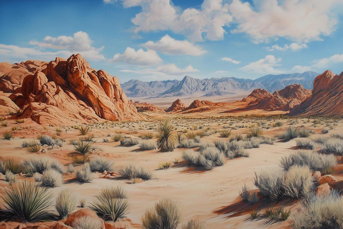 Detailed Red Rock Desert Valley With Blue Sky And Desert Plants Poster