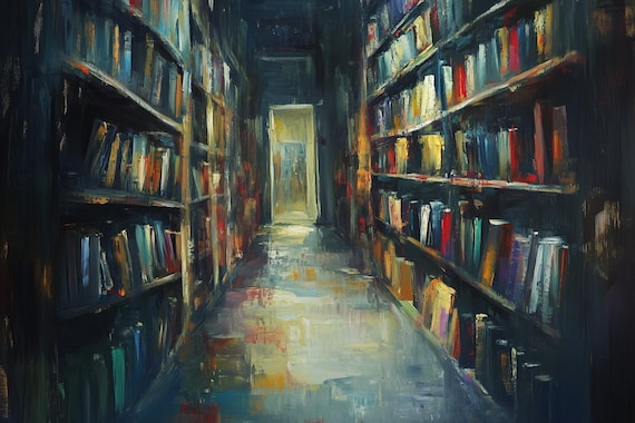 Moody Dark Library Corridor Painted in Rich Oils With Distant Light Poster