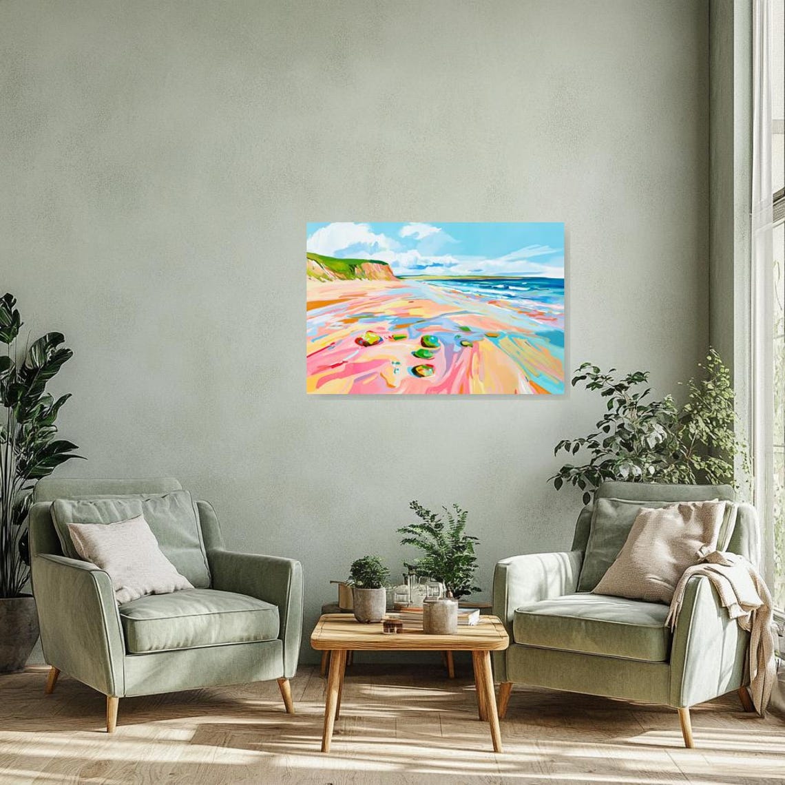 Colorful Coastal Beach Scene with Green Cliffs and Turquoise Poster - Image 4
