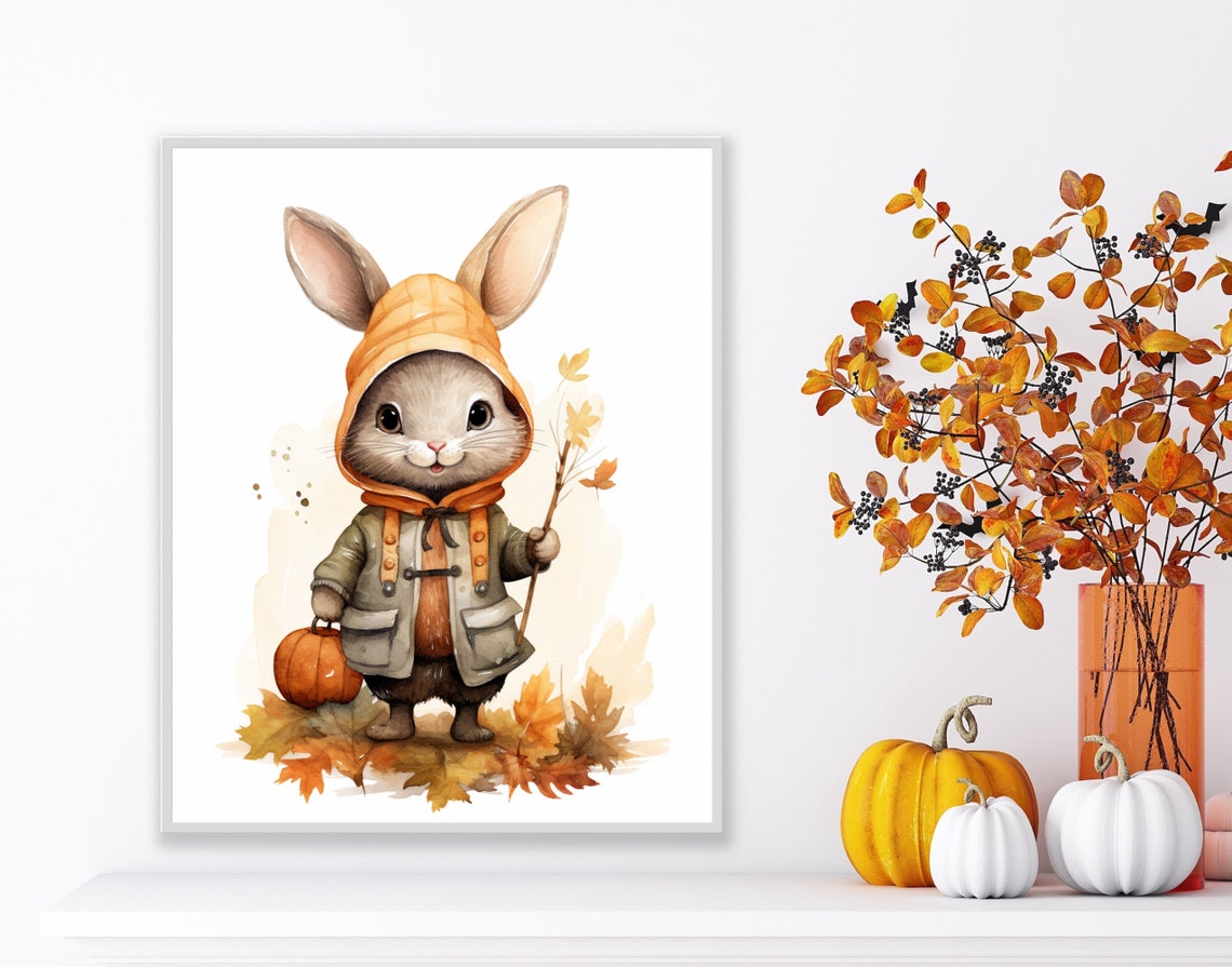 Cute Fall Bunny With Pumpkin Hood Autumn Watercolor Nursery Poster - Image 2