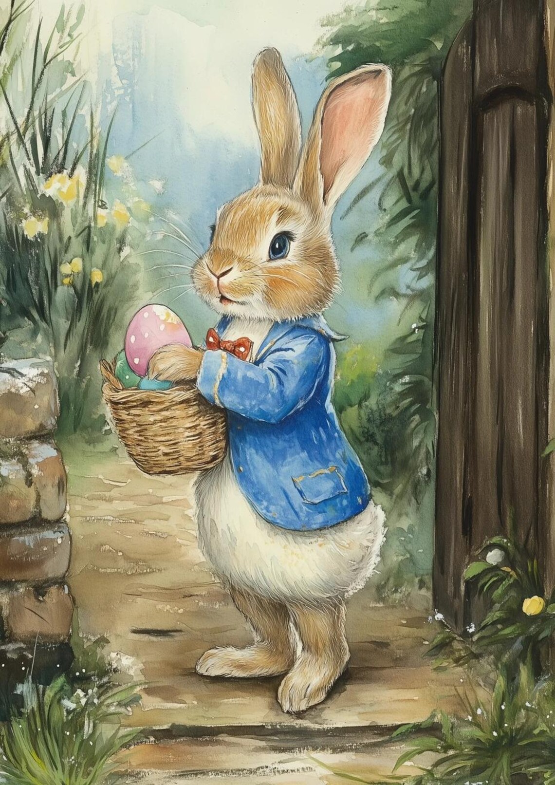 Cute Bunny In Blue Jacket Holding Easter Eggs Watercolor Painting Poster