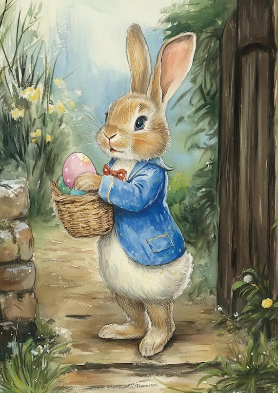 Cute Bunny In Blue Jacket Holding Easter Eggs Watercolor Painting Poster