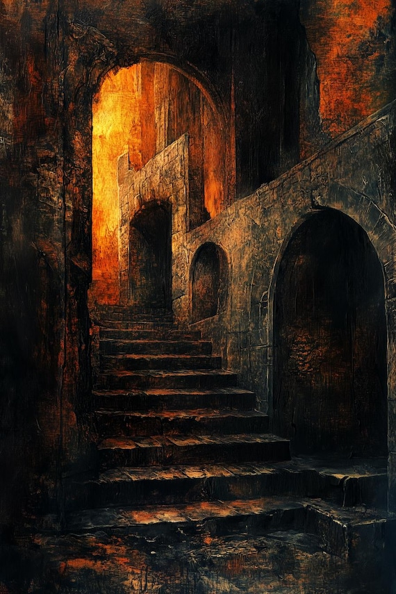 Eerie Dark Gothic Stone Staircase Glowing Arch Moody Art Poster
