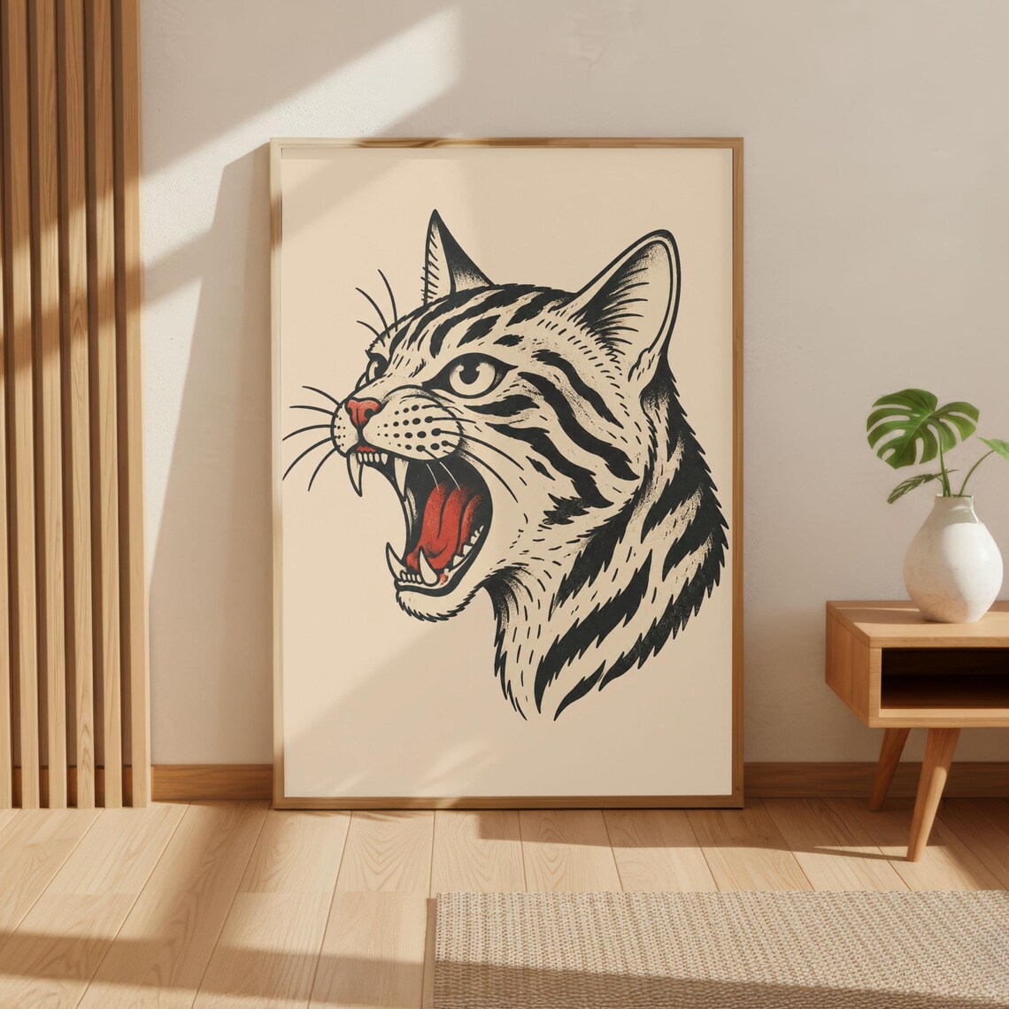 Tattoo Flash Snarling Striped Tabby Cat Head Vintage Art Poster