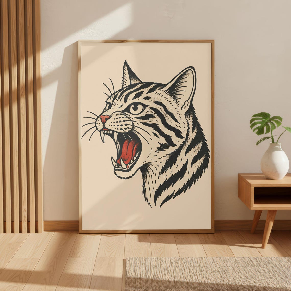 Tattoo Style Cat Poster Vintage Tiger Wall Art Traditional Flash Illustration