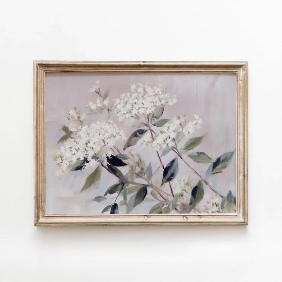 Vintage White Flowering Branch Printable Sage Green Cottage Wall Art Cottagecore Botanical Decor Digital Download 580