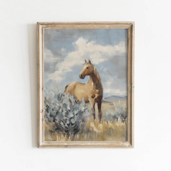 Palomino Horse Prairie Landscape Printable Rustic Western Wall Art Vintage Equestrian Decor Muted Tan Blue Country Painting Download 491