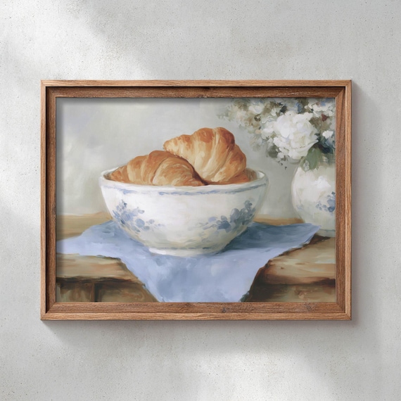 Warm Country Breakfast Scene With Croissants Farmhouse Style Crockery Vintage Cottagecore Poster Print Cozy Kitchen Wall Decor P222