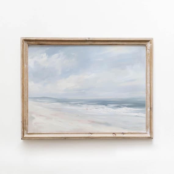 Serene Beach Shoreline Painting Muted Blue Neutral Coastal Landscape Calm Ocean Waves Wall Art Vintage Printable Digital Download 741