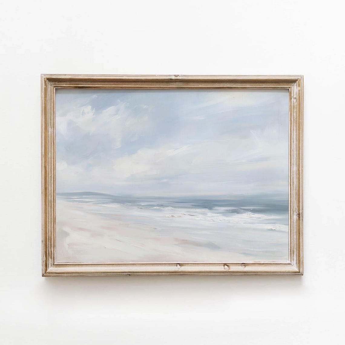 Serene Beach Shoreline Soft Clouds Muted Blue Coastal Art Poster