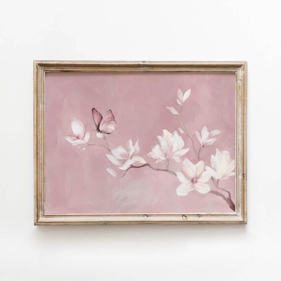 White Magnolia Blossoms Printable Romantic Butterfly Wall Art Soft Pink Floral Decor Feminine Bedroom Dusty Rose Botanical Print 667