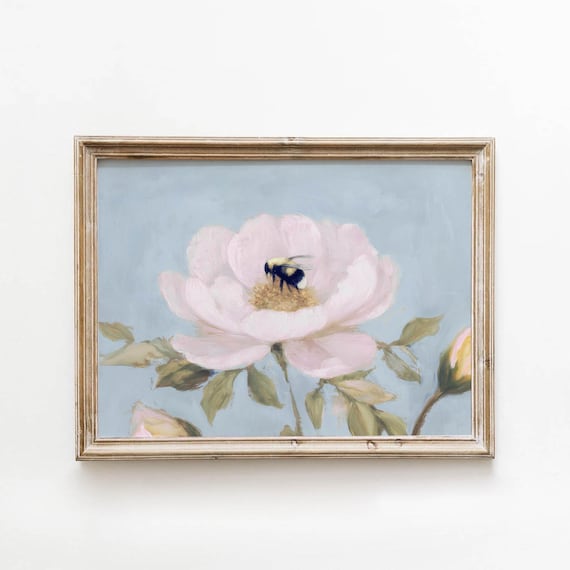 Pink Flower Bee Printable Summer Cottagecore Print Pastel Floral Wall Art Bumblebee Spring Painting Digital Download 0171