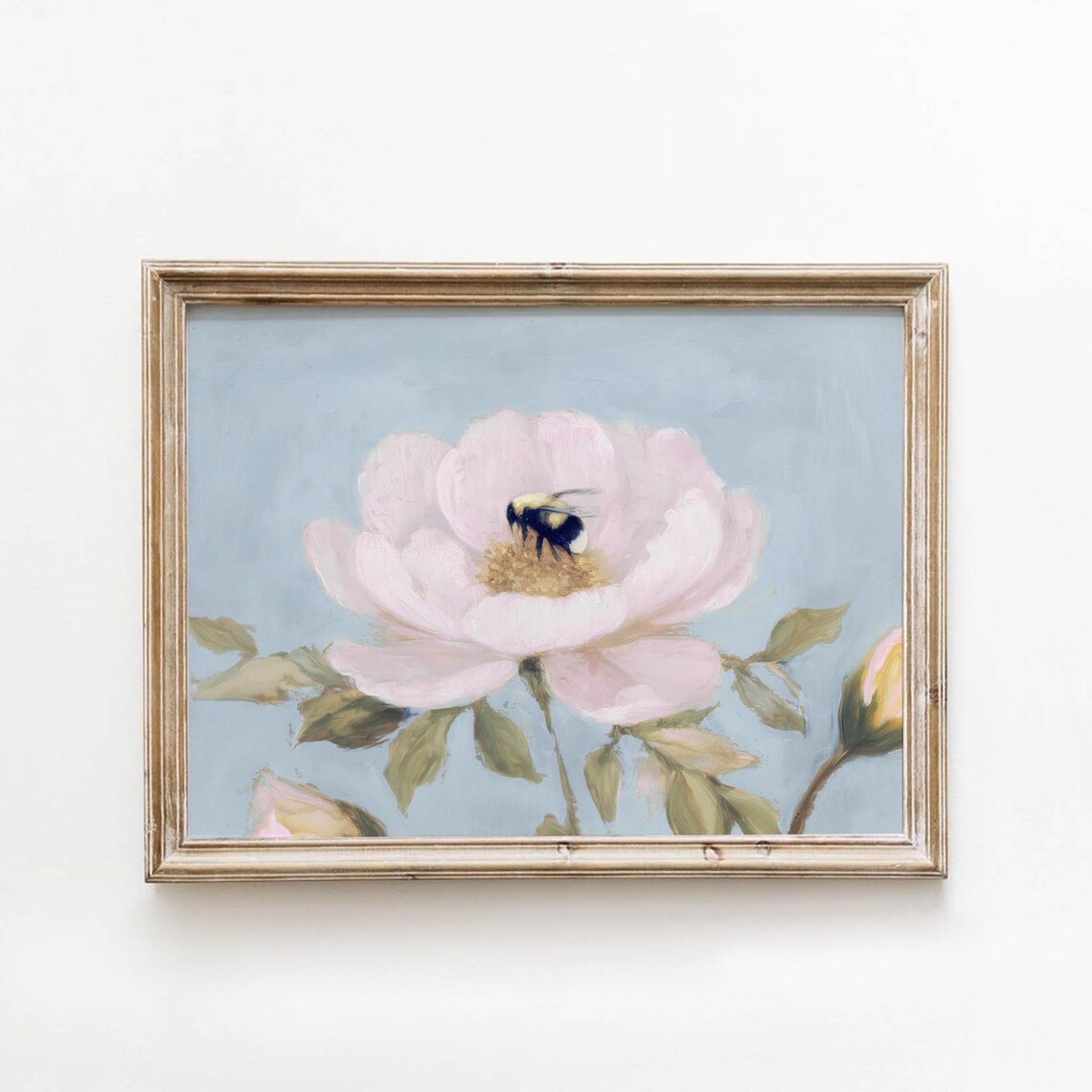 Pink Peony Flower With Bumblebee Vintage Pastel Floral Wall Art