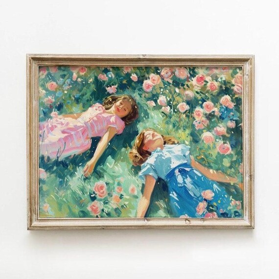 Sisters in Rose Garden Impressionist Girls Flowers Painting Poster